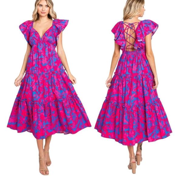 Sugarlips Yeraldi Berry Fiora Open Back Boho Midi Dress Cerulean Pink Small NWT - Picture 2 of 12